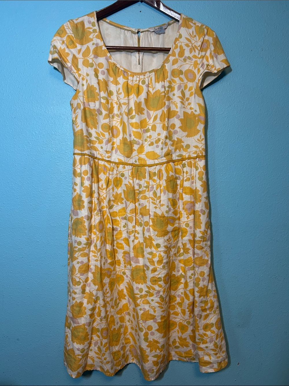 Boden Yellow Floral Scoop-Neck Midi Dress 💯 Linen